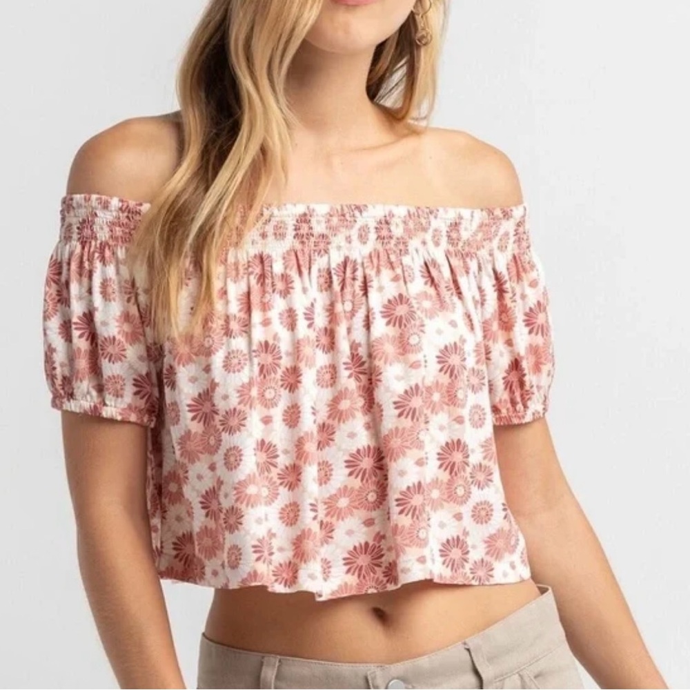 Volcom | Rust Red and White Floral Off-Shoulder Cropped Blouse | Sz:S (4/6)